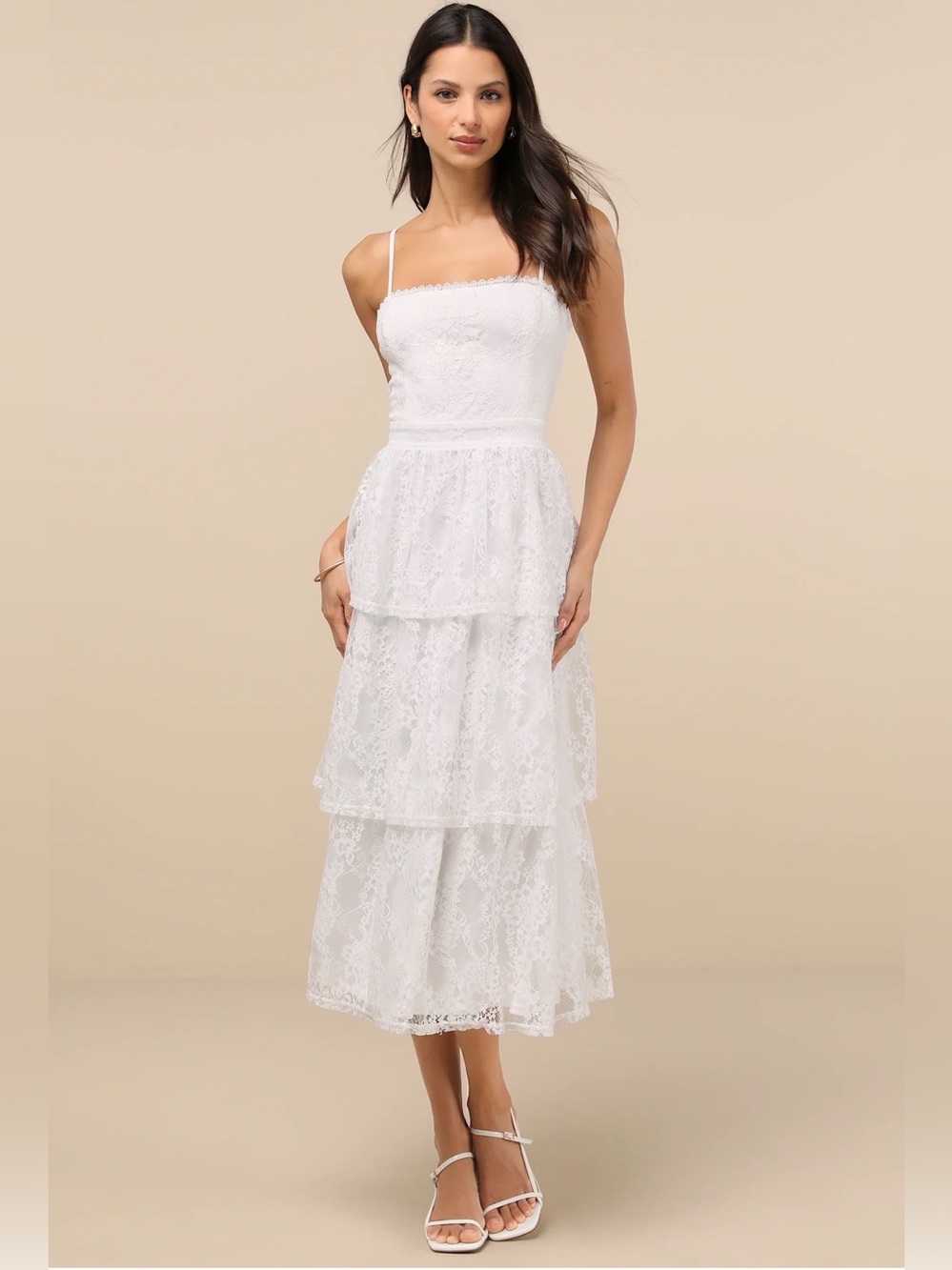 NWT Lulus White Lace Tiered Midi Dress with Open Back Medium - Picture 2 of 11